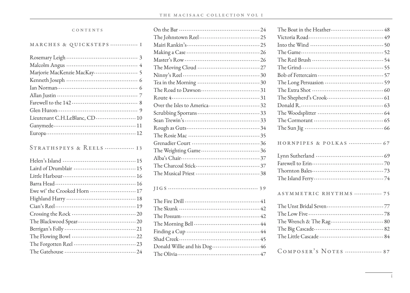 The book's table of contents, listing every tune by section