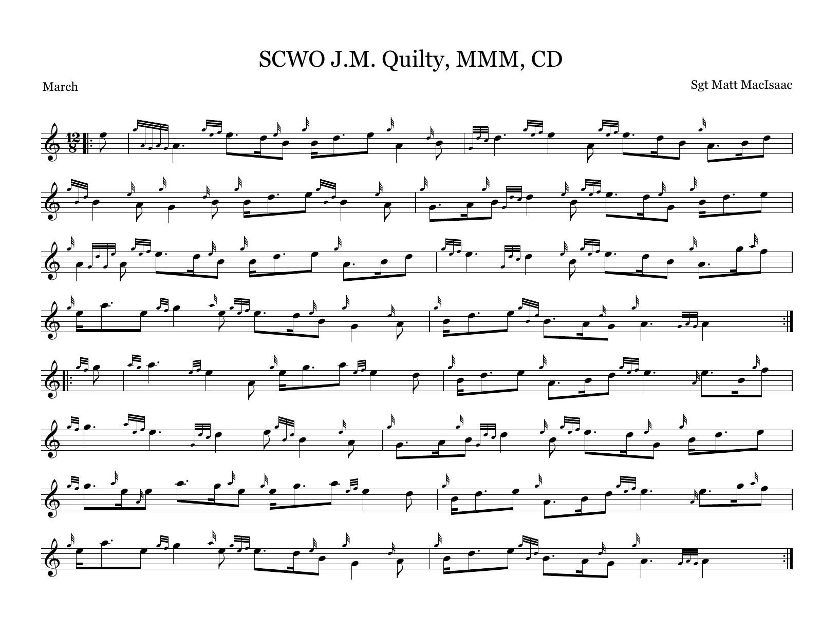 Sheet music for SCWO J.M. Quilty, MMM, CD, a 12/8 march by Matt MacIsaac